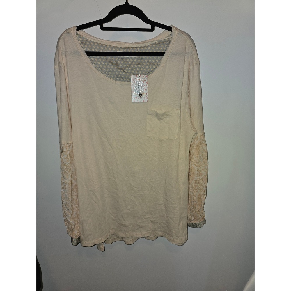 Free People We The Free Ecru Floral Sleeve Pocket Top OB1005822 Small NWT